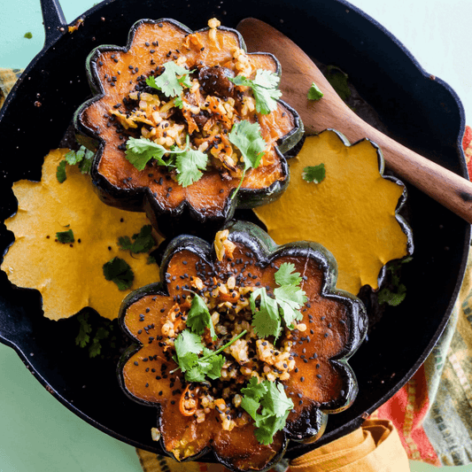 Roasted Acorn Squash Stuffed with Kimchi Fried Rice