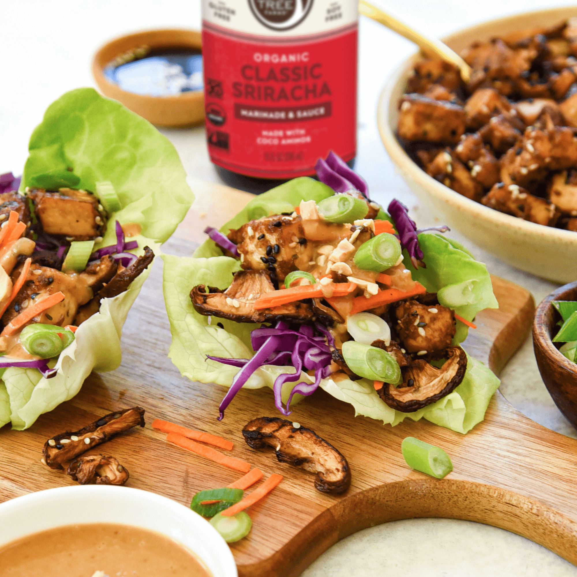 Vegan Lettuce Wraps with Spicy (or not!) Tofu and Mushrooms